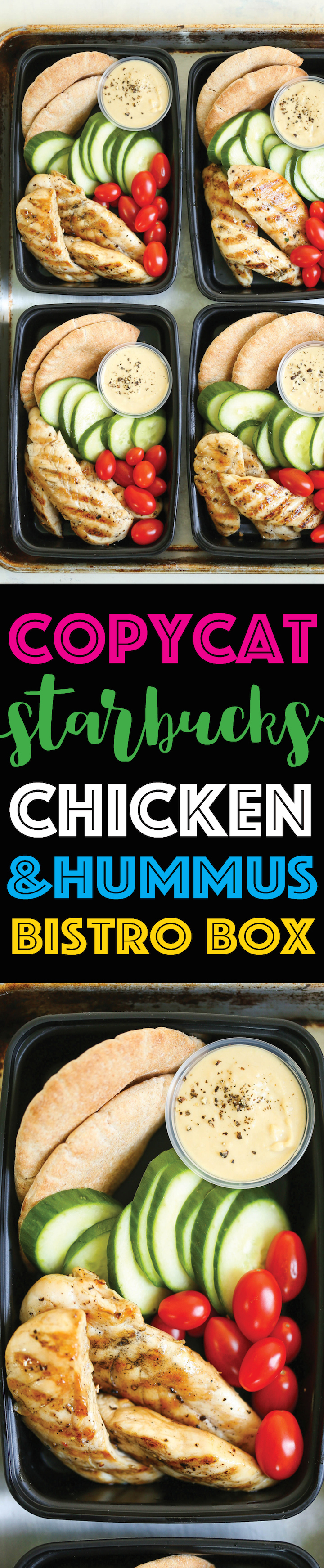 Copycat Starbucks Chicken and Hummus Bistro Box - Meal prep for the week ahead!!! Filled with hummus, chicken strips, cucumber, tomatoes and wheat pita.