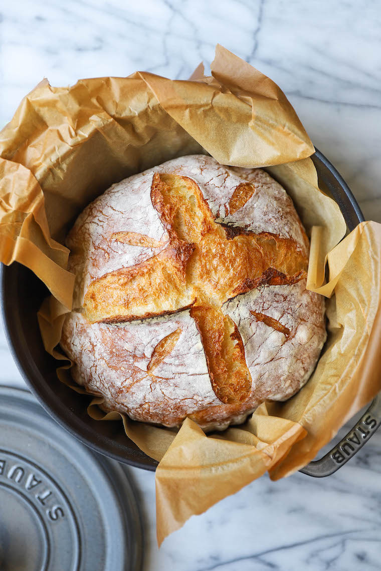 Easy No Knead Bread - FOOL-PROOF and only 4-ingredients! So hearty and rustic with the most amazing crust + fluffy, soft, chewy inside. Seriously, SO GOOD.