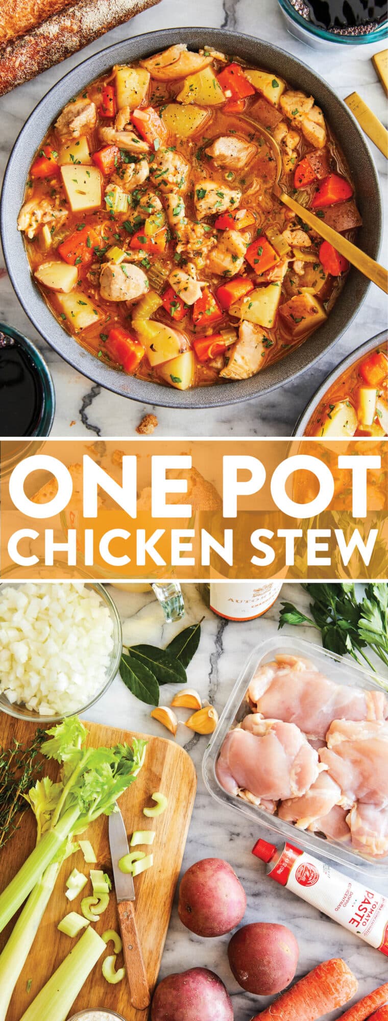 One Pot Chicken Stew - So hearty, comforting and cozy! Loaded with tender chicken, potatoes and veggies. Serve with crusty bread or biscuits.