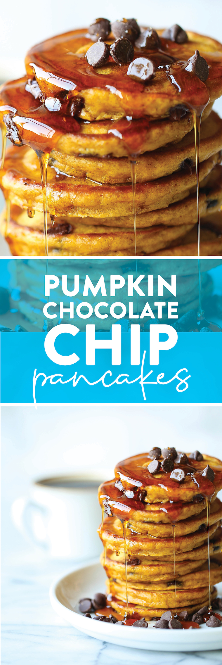 Pumpkin Chocolate Chip Pancakes - The most amazing pumpkin pancakes - so light + fluffy and made with semisweet chocolate chips. PERFECTION.