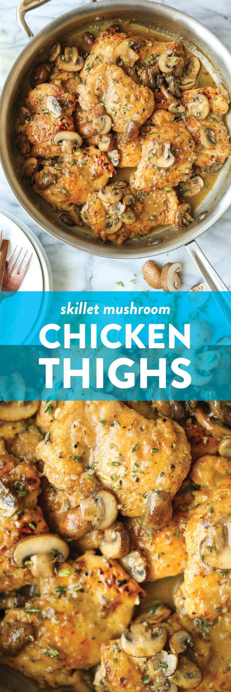 Skillet Mushroom Chicken Thigh Recipe - Golden brown, super juicy, tender chicken smothered in a garlicky, mushroom butter sauce! SO GOOD.